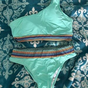 SHEIN Aqua One-Shoulder Bikini with Multicolor Trim